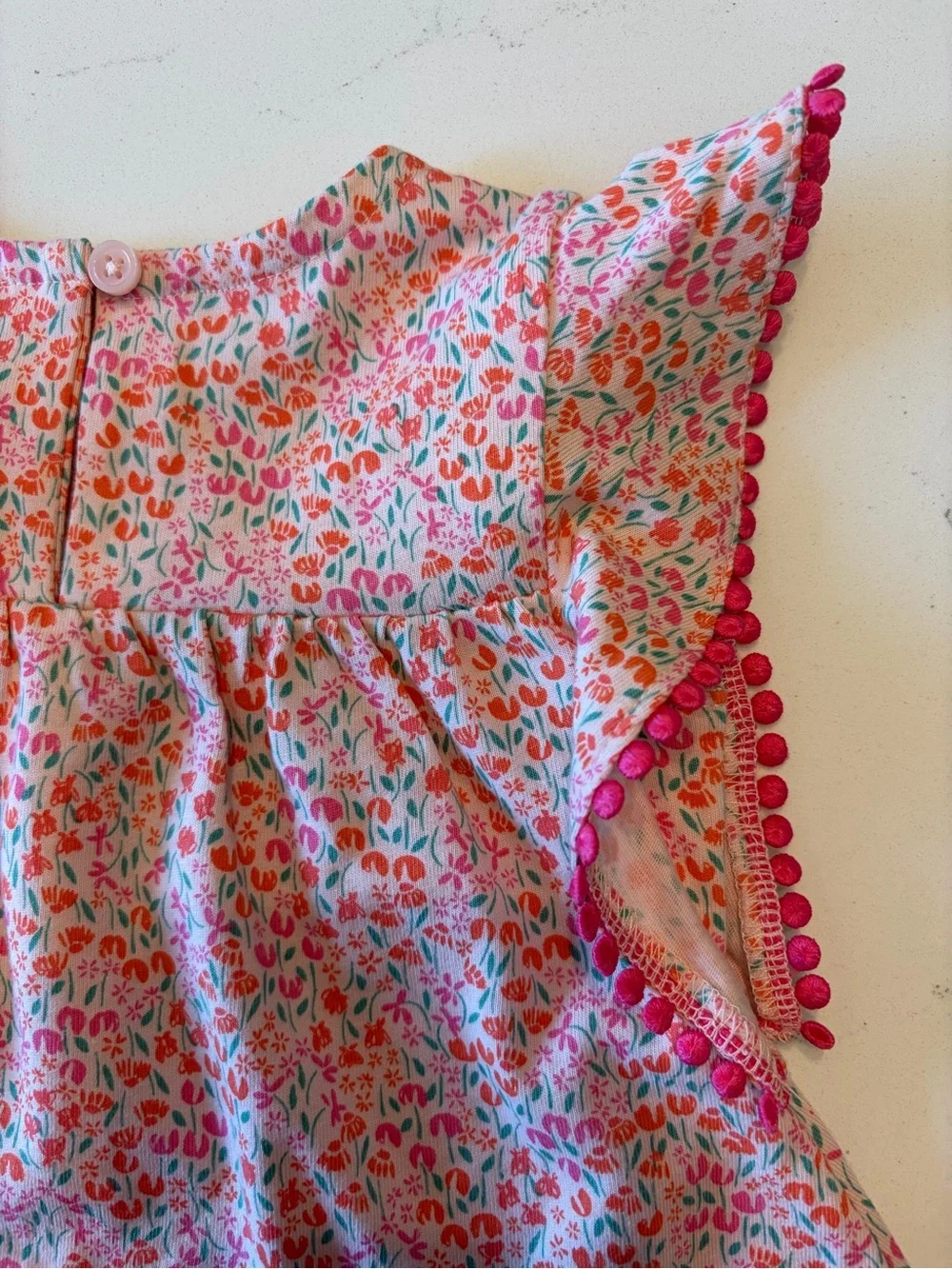 Carter's Pink Floral Pom-Trim Flutter Sleeve Top